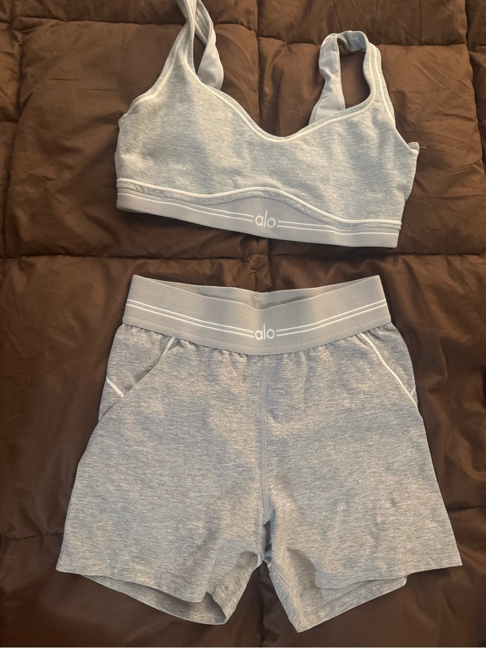 ALO Yoga Heather Light Gray Sports Bra & High-Waist biker Shorts